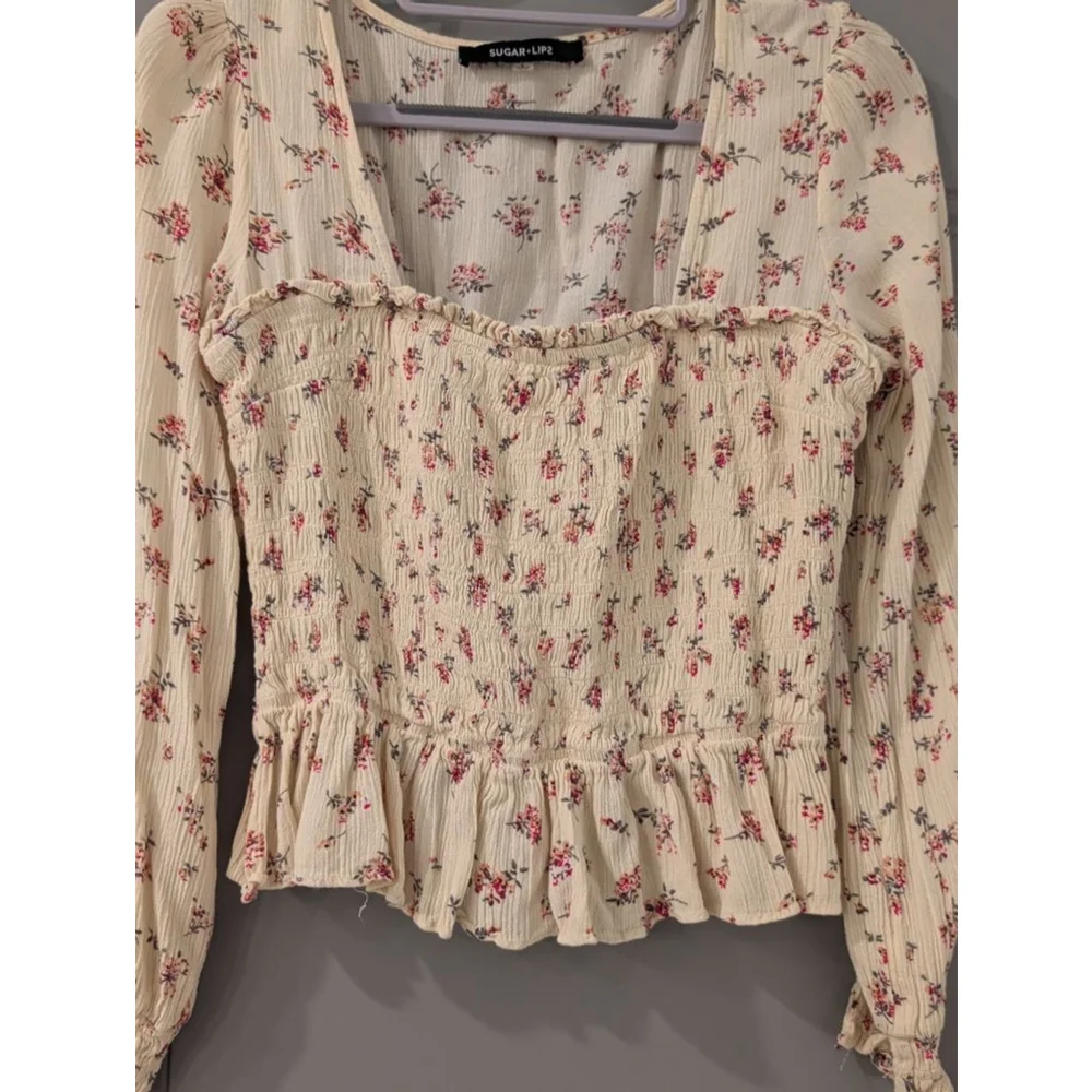 Women's SUGAR + LIP2 Cream Floral Smocked Blouse S - Picture 3 of 8